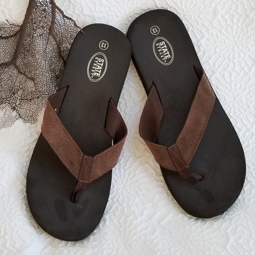 State Street Men's Black Brown Suede Flip-Flops